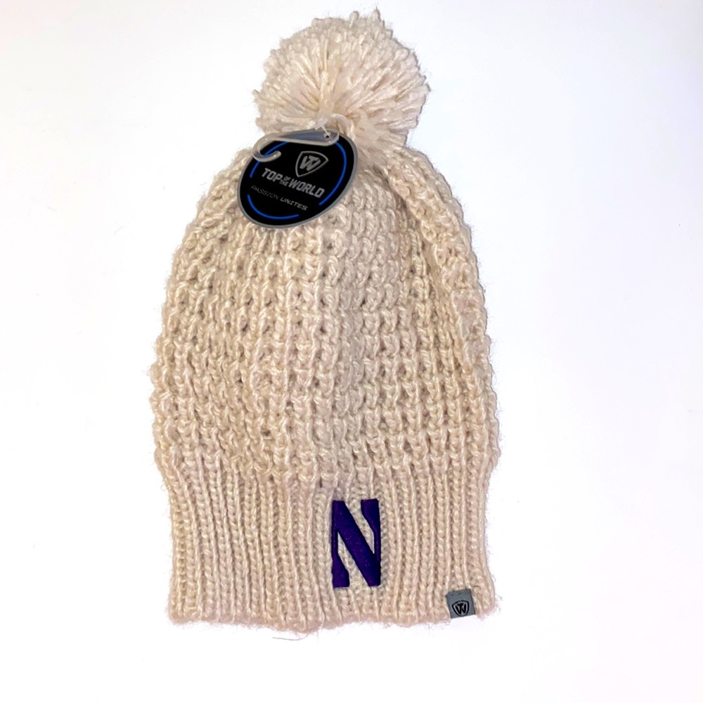 ‘TOP OF THE WORLD’ NORTHWESTERN WILDCATS IVORY SLOUCH POM KNIT BEANIE